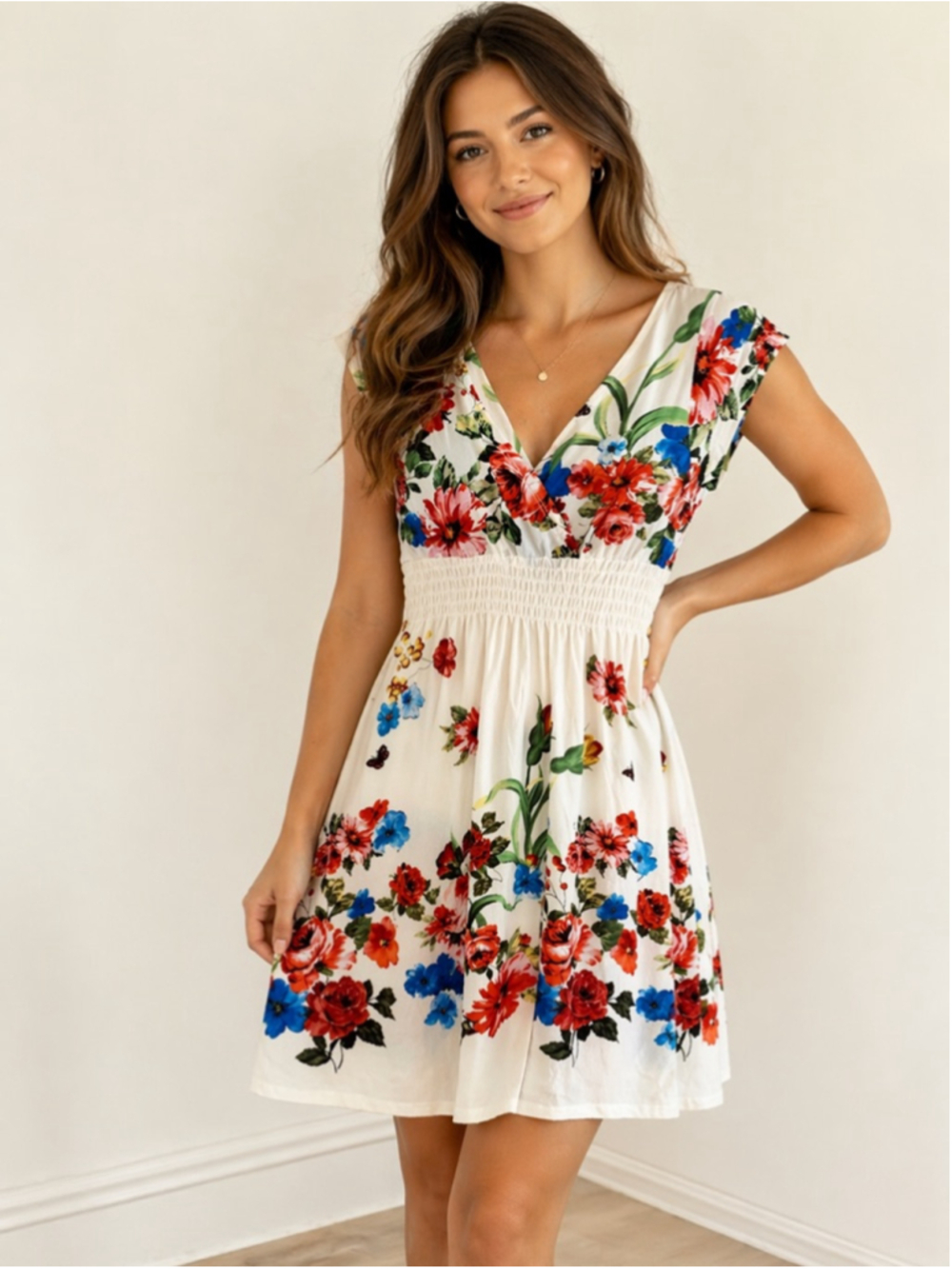 Cristinalove Floral Fit & Flare Dress White Red Blue Smocked Waist S